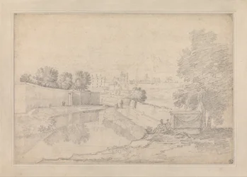 Italiaans landschap met rivier tussen hoge muur links en hoge oever rechts naar een kleine...